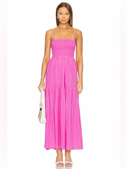 L*Space Mallorca Hot Pink Smocked Bodice Spaghetti Strap Maxi Dress